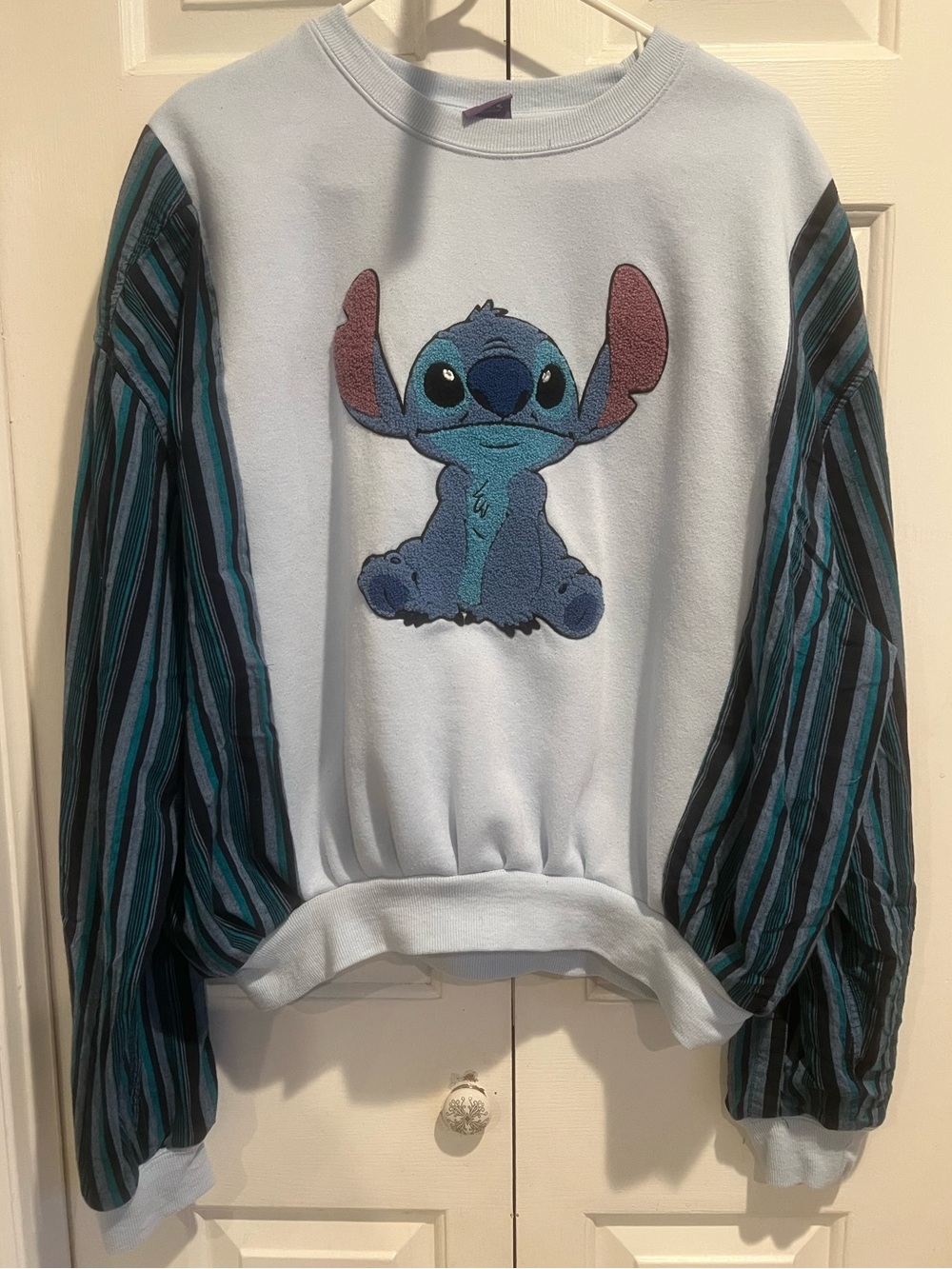 Upcycled💙 Disney Stitch Pullover in Light Blue w Blue Striped Sleeves